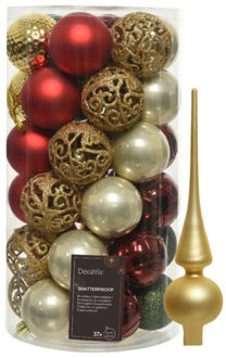 Bellatio Decorations Kunststof kerstballen 37x- rood/goud/parel/groen - 6cm -en glazen piek - Kerstbal Goudkleurig