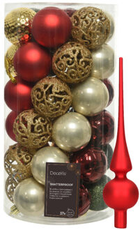 Bellatio Decorations Kunststof kerstballen 37x- rood/goud/parel/groen - 6cm -en glazen piek - Kerstbal Goudkleurig