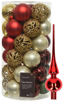 Bellatio Decorations Kunststof kerstballen 37x- rood/goud/parel/groen - 6cm -en glazen piek - Kerstbal Goudkleurig