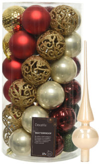 Bellatio Decorations Kunststof kerstballen 37x st - rood/goud/parel/groen - 6 cm - met glazen piek champagne