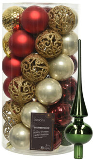 Bellatio Decorations Kunststof kerstballen 37x st - rood/goud/parel/groen - 6 cm - met glazen piek groen