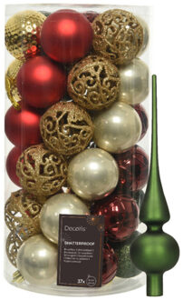 Bellatio Decorations Kunststof kerstballen 37x st - rood/goud/parel/groen - 6 cm - met glazen piek groen