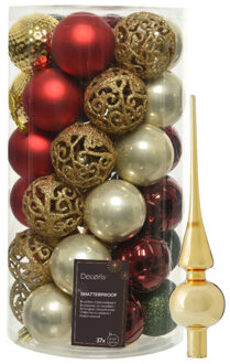 Bellatio Decorations Kunststof kerstballen 37x st - rood/goud/parel/groen - 6 cm - met glazen piek