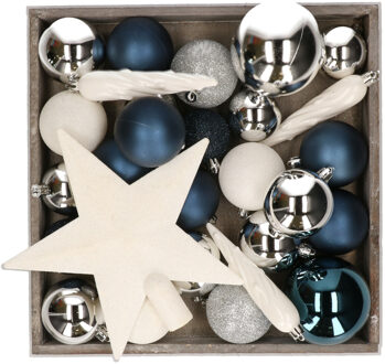Bellatio Decorations Kunststof kerstballen - 45x stuks - met ster piek - blauw,wit,zilver