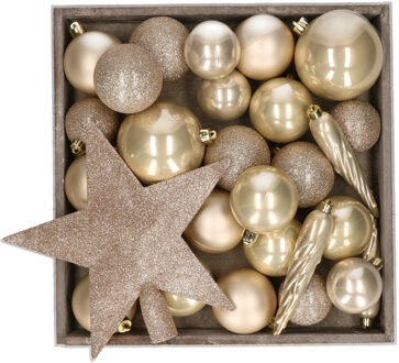 Bellatio Decorations Kunststof kerstballen - 45x stuks - met ster piek - champagne - Kerstbal Champagnekleurig