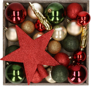 Bellatio Decorations Kunststof kerstballen - 45x stuks - met ster piek - groen,creme,rood - Kerstbal