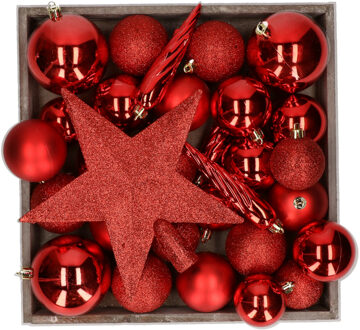 Bellatio Decorations Kunststof kerstballen - 45x stuks - met ster piek - rood - Kerstbal