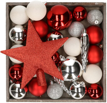 Bellatio Decorations Kunststof kerstballen - 45x stuks - met ster piek - rood,wit,zilver