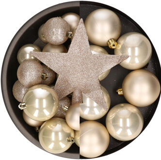 Bellatio Decorations Kunststof kerstballen - 57x stuks - met ster piek - champagne - Kerstbal Champagnekleurig