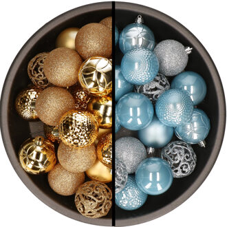 Bellatio Decorations Kunststof kerstballen 74x stuks goud en lichtblauw 6 cm