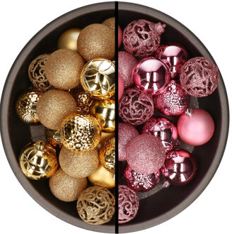 Bellatio Decorations Kunststof kerstballen 74x stuks goud en roze 6 cm