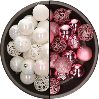 Bellatio Decorations Kunststof kerstballen 74x stuks parelmoer wit en roze 6 cm