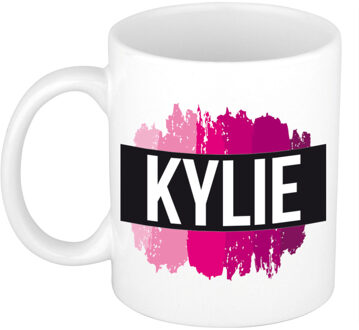 Bellatio Decorations Kylie naam cadeau koffie mok - beker - met roze verfstrepen - Cadeau collega - moederdag