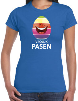 Bellatio Decorations Lachend Paasei vrolijk Pasen t-shirt / shirt - blauw - dames - Paas kleding / outfit M