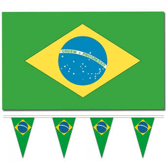 Bellatio Decorations Landen vlaggen versiering set - Brazilie - Vlag 90 x 150 cm en vlaggenlijn 5 meter