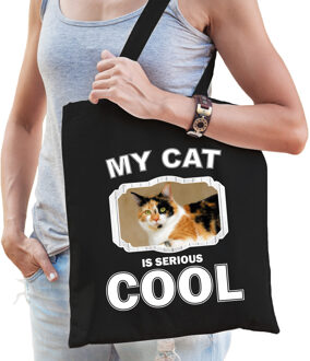 Bellatio Decorations Lapjeskat katten tasje zwart volwassenen en kinderen - my cat serious is cool kado boodschappentasje