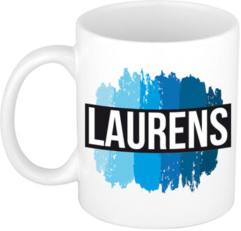 Bellatio Decorations Laurens naam cadeau koffie mok - beker - met blauw verfstrepen - Cadeau collega - vaderdag