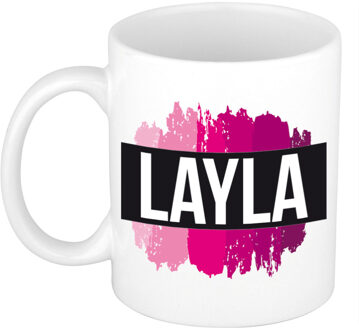 Bellatio Decorations Layla naam cadeau koffie mok - beker - met roze verfstrepen - Cadeau collega - moederdag