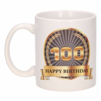 Bellatio Decorations Leeftijd 100 jaar Koffiebeker - Mok - Luxe print in zwart/goud - Wit - verjaardag cadeau - 300 ml