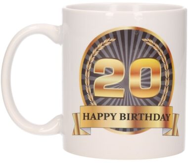 Bellatio Decorations Leeftijd 20 jaar Koffiebeker - Mok - Luxe print in zwart/goud - Wit - verjaardag cadeau - 300 ml