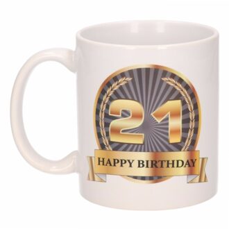 Bellatio Decorations Leeftijd 21 jaar Koffiebeker - Mok - Luxe print in zwart/goud - Wit - verjaardag cadeau - 300 ml