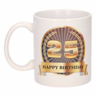 Bellatio Decorations Leeftijd 25 jaar Koffiebeker - Mok - Luxe print in zwart/goud - Wit - verjaardag cadeau - 300 ml