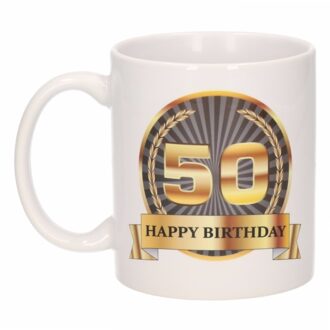 Bellatio Decorations Leeftijd 50 jaar Koffiebeker - Mok - Luxe print in zwart/goud - Wit - verjaardag cadeau - 300 ml