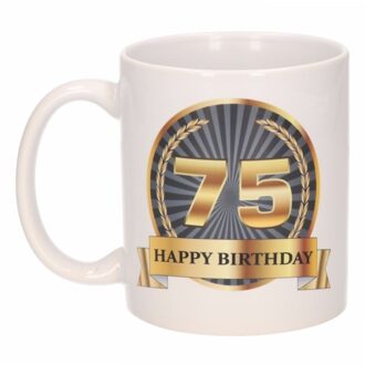 Bellatio Decorations Leeftijd 75 jaar Koffiebeker - Mok - Luxe print in zwart/goud - Wit - verjaardag cadeau - 300 ml