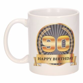 Bellatio Decorations Leeftijd 90 jaar Koffiebeker - Mok - Luxe print in zwart/goud - Wit - verjaardag cadeau - 300 ml Goudkleurig