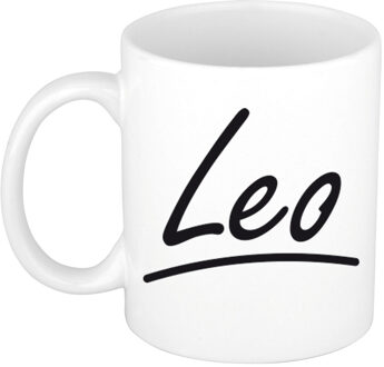 Bellatio Decorations Leo Naam koffiemok - beker - met sierlijke letters - wit - 300 ml - Cadeau - Heren