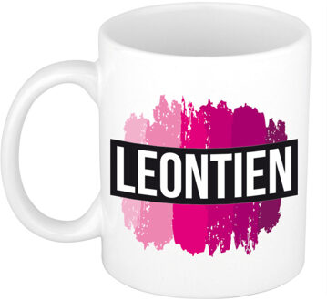 Bellatio Decorations Leontien naam cadeau koffie mok - beker - met roze verfstrepen - Cadeau collega - moederdag