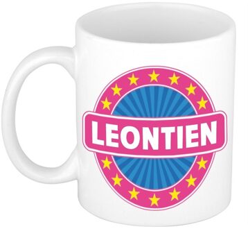 Bellatio Decorations Leontien voornaam koffiemok - beker - wit/roze - 300 ml - Cadeau - Dames - Collega - Moederdag Multi
