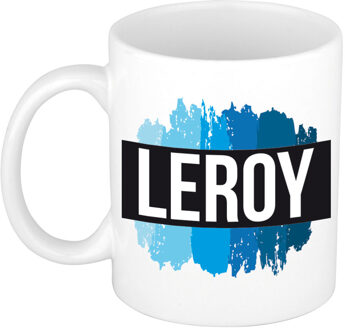 Bellatio Decorations Leroy naam cadeau koffie mok - beker - met blauw verfstrepen - Cadeau collega - vaderdag