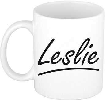 Bellatio Decorations Leslie Naam koffiemok - beker - met sierlijke letters - wit - 300 ml - Cadeau - Dames