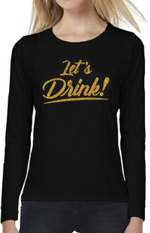 Bellatio Decorations Lets drink goud tekst longsleeve zwart dames - Oud en Nieuw / Glitter en Glamour goud party shirt 2XL