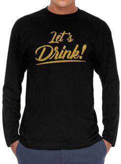 Bellatio Decorations Lets drink goud tekst longsleeve zwart heren - Oud en Nieuw / Glitter en Glamour goud party shirt 2XL