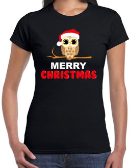 Bellatio Decorations Leuk dieren Kerst T-shirt Christmas uil voor dames zwart 2XL - kerst t-shirts