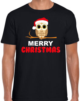 Bellatio Decorations Leuk dieren Kerst t-shirt Christmas uil zwart voor heren 2XL - kerst t-shirts