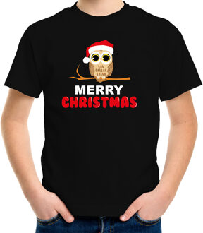 Bellatio Decorations Leuke dieren Kerst t-shirt Christmas uil zwart voor kinderen L (146-152) - kerst t-shirts kind