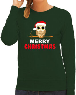 Bellatio Decorations Leuke dieren Kersttrui Christmas uil Kerst sweater groen voor dames 2XL - kerst truien