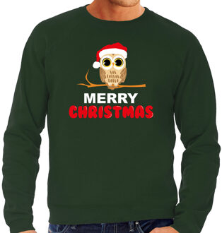 Bellatio Decorations Leuke dieren Kersttrui christmas uil Kerst sweater groen voor heren 2XL - kerst truien