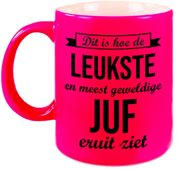 Bellatio Decorations Leukste en meest geweldige juf cadeau mok / beker neon roze 330 ml - bedankt cadeau lerares - feest mokken