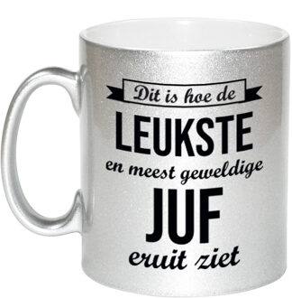 Bellatio Decorations Leukste en meest geweldige juf cadeau mok / beker zilverglanzend 330 ml - feest mokken Zilverkleurig