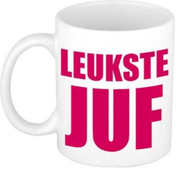 Bellatio Decorations Leukste juf cadeau koffiemok / theebeker roze blokletters 300 ml - feest mokken Wit