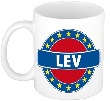 Bellatio Decorations Lev voornaam koffiemok - beker - wit/blauw - 300 ml - Cadeau - Heren - Collega - Vaderdag