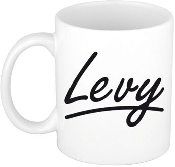 Bellatio Decorations Levy Naam koffiemok - beker - met sierlijke letters - wit - 300 ml - Cadeau - Heren