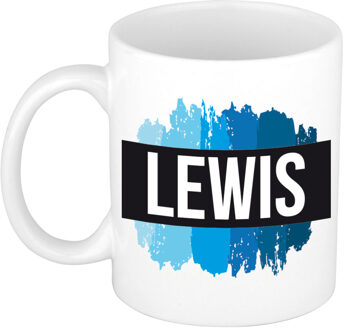 Bellatio Decorations Lewis naam cadeau koffie mok - beker - met blauw verfstrepen - Cadeau collega - vaderdag