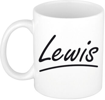 Bellatio Decorations Lewis Naam koffiemok - beker - met sierlijke letters - wit - 300 ml - Cadeau - Heren