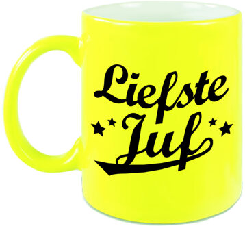 Bellatio Decorations Liefste juf beker / mok neon geel 330 ml - afscheidscadeau / bedankt cadeau - feest mokken