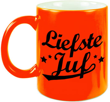 Bellatio Decorations Liefste juf beker / mok neon oranje 330 ml - afscheidscadeau / bedankt cadeau - feest mokken